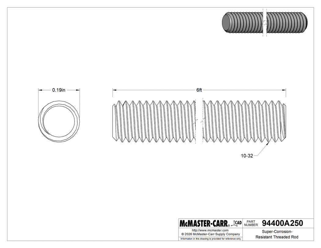 Technical Drawing of Super-Corrosion-Resistant Threaded Rod, Grade B8m 316 Stainless Steel, 10-32 Thread Size, 6 Feet Long.